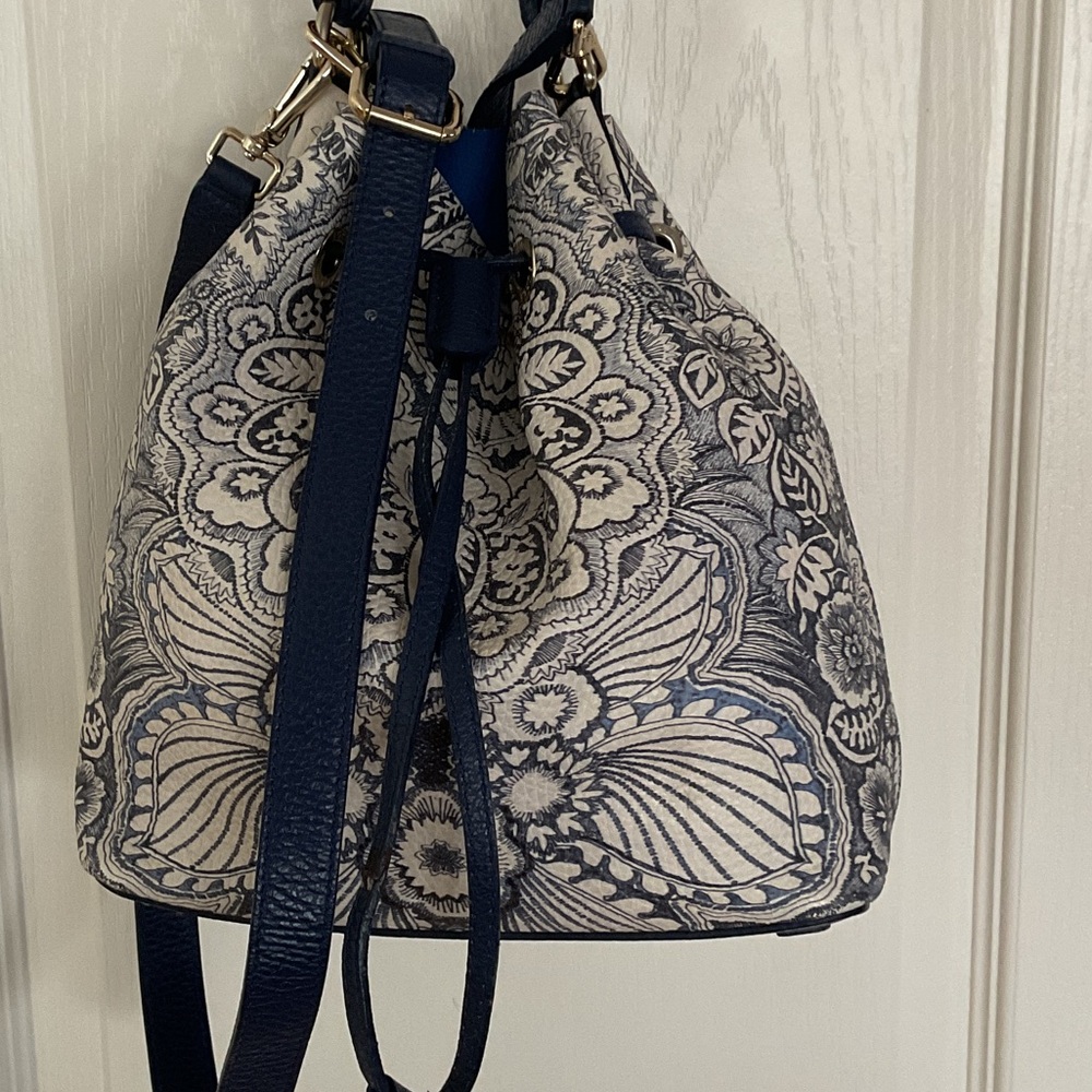 Furla Navy and Cream Paisley/Floral Bucket Bag w Crossbody strap